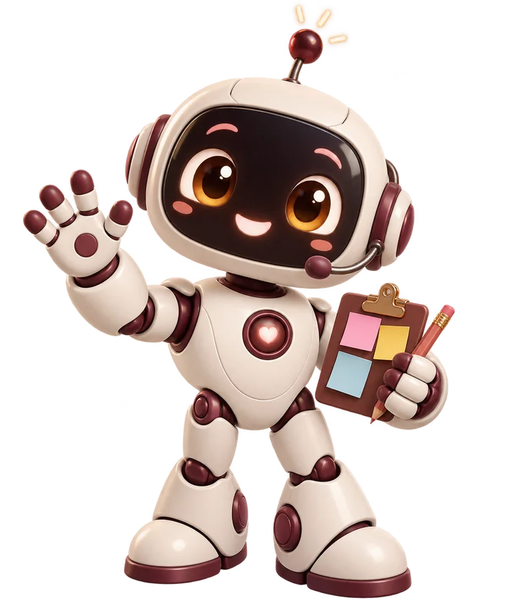 Jubi, o robozinho criativo do Junto, acenando com um briefing na mão